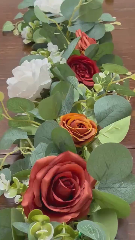 Terracotta White Garland, Wedding Burnt Orange Table Runner, Ivory Rust Table Decor, Centerpiece Garland Sage Green Eucalyptus