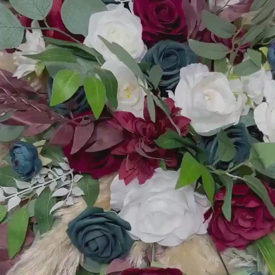Burgundy & Teal White Wedding Arch Flowers Boho Arbor Arrangements