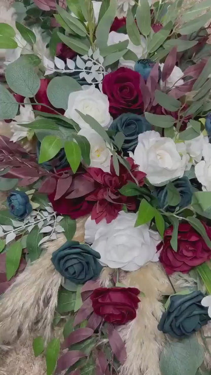 Burgundy & Teal White Wedding Arch Flowers Boho Arbor Arrangements