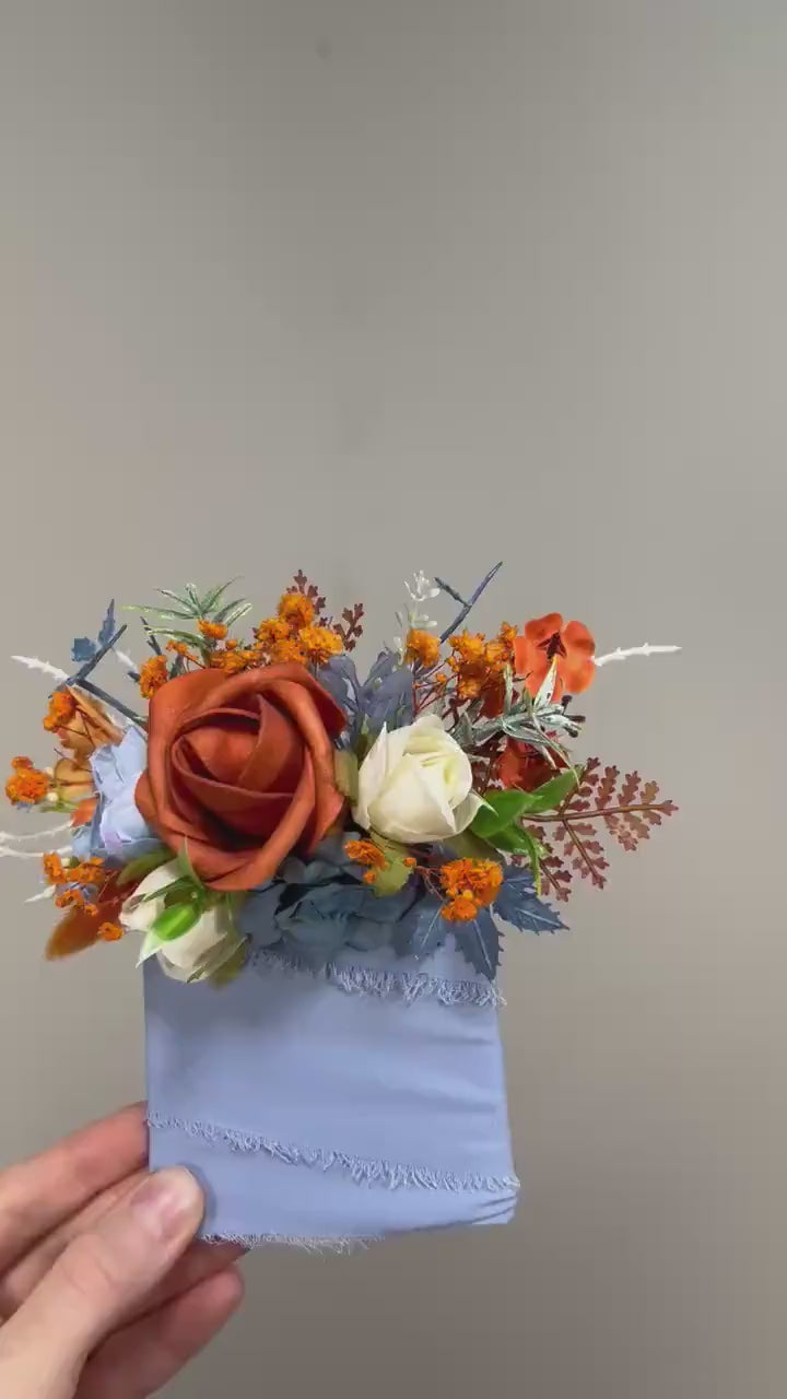 Terracotta Blue Pocket Boutonniere Wedding Dusty Blue Burnt Orange Groom Boutonnière Square White Groomsmen Dusty Blue Rust Boutonniere