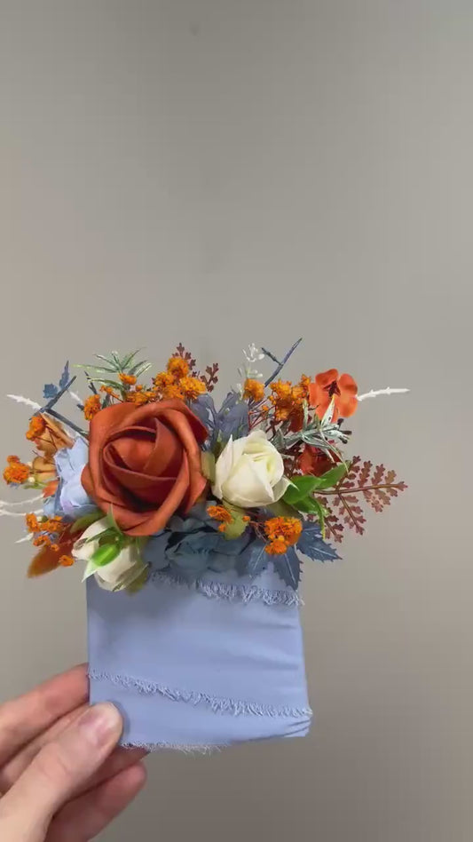 Terracotta Blue Pocket Boutonniere Wedding Dusty Blue Burnt Orange Groom Boutonnière Square White Groomsmen Dusty Blue Rust Boutonniere