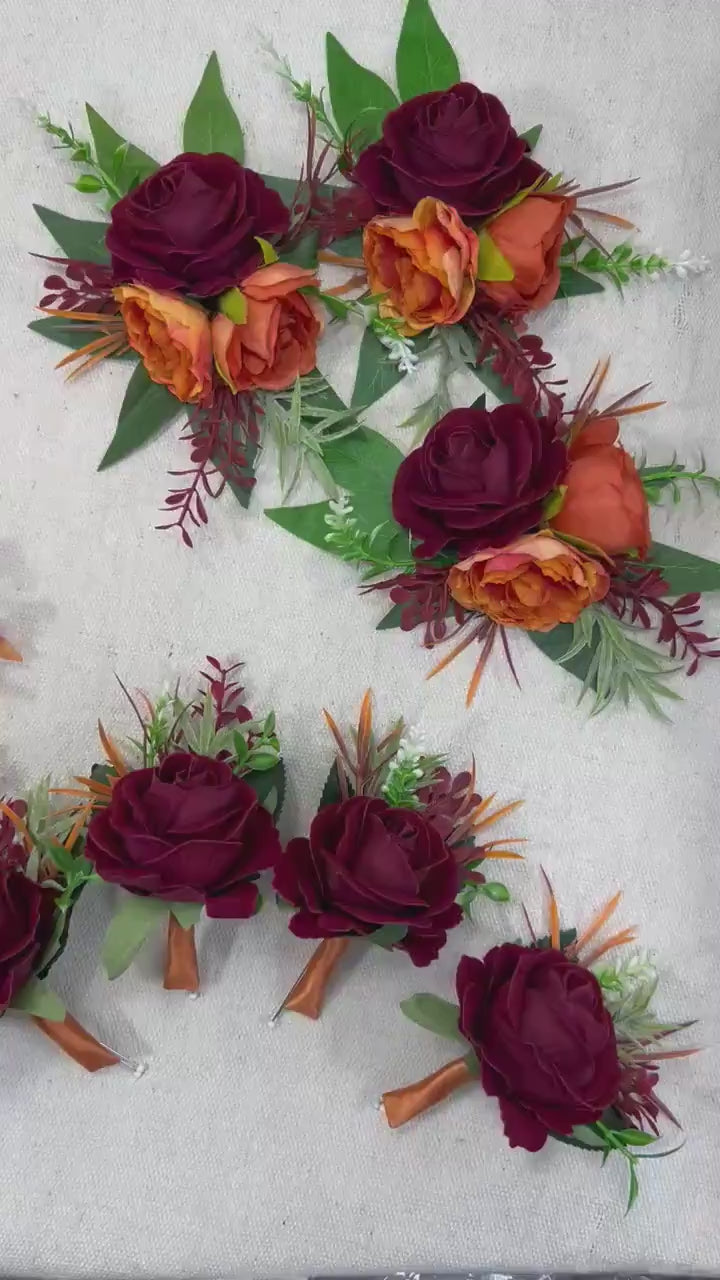 Burgundy Boutonnière Wedding Burnt Orange Wine Red Groom Boutonniere Terracotta Burgundy Groomsmen Boutonnières Fall Artificial Flower