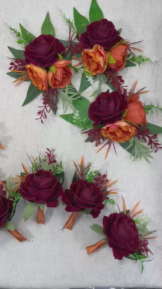 Burgundy Boutonnière Wedding Burnt Orange Wine Red Groom Boutonniere Terracotta Burgundy Groomsmen Boutonnières Fall Artificial Flower