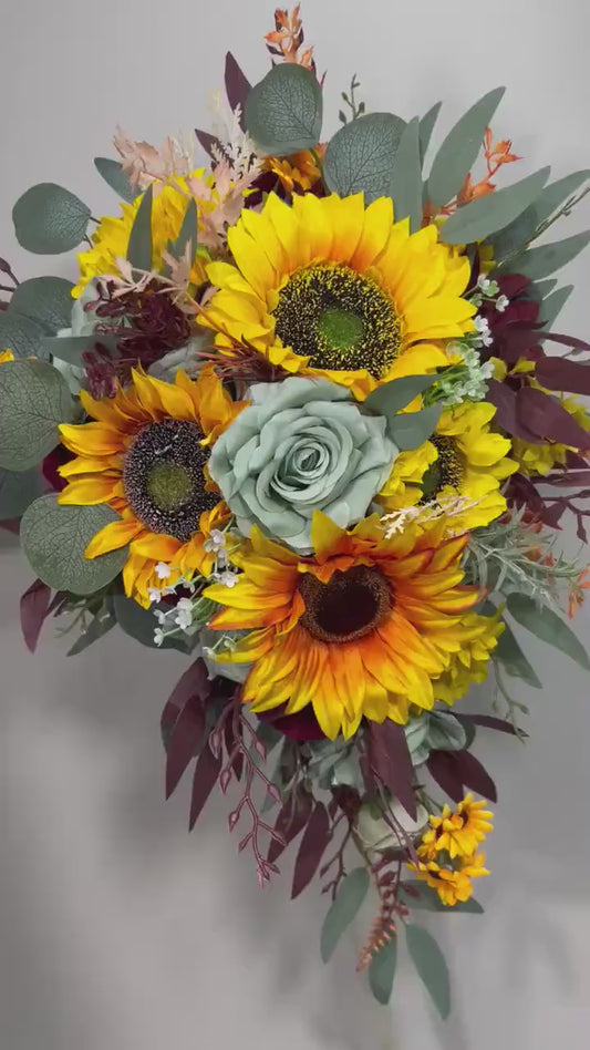 Sunflower Bouquet Wedding Bridal Boho Sunflower Burgundy Bouquet Sage Burgundy Sunflower Bridesmaids Bouquet Sage Green Artiricial Flower
