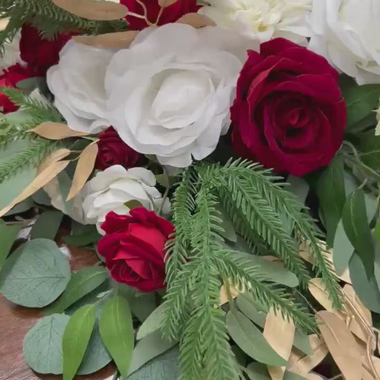 Christmas Centerpiece Wedding White Red Table Decor Arrangement Pine Cone Sweetheart Winter Ivory Gold Pine Tree Dark Red Artificial