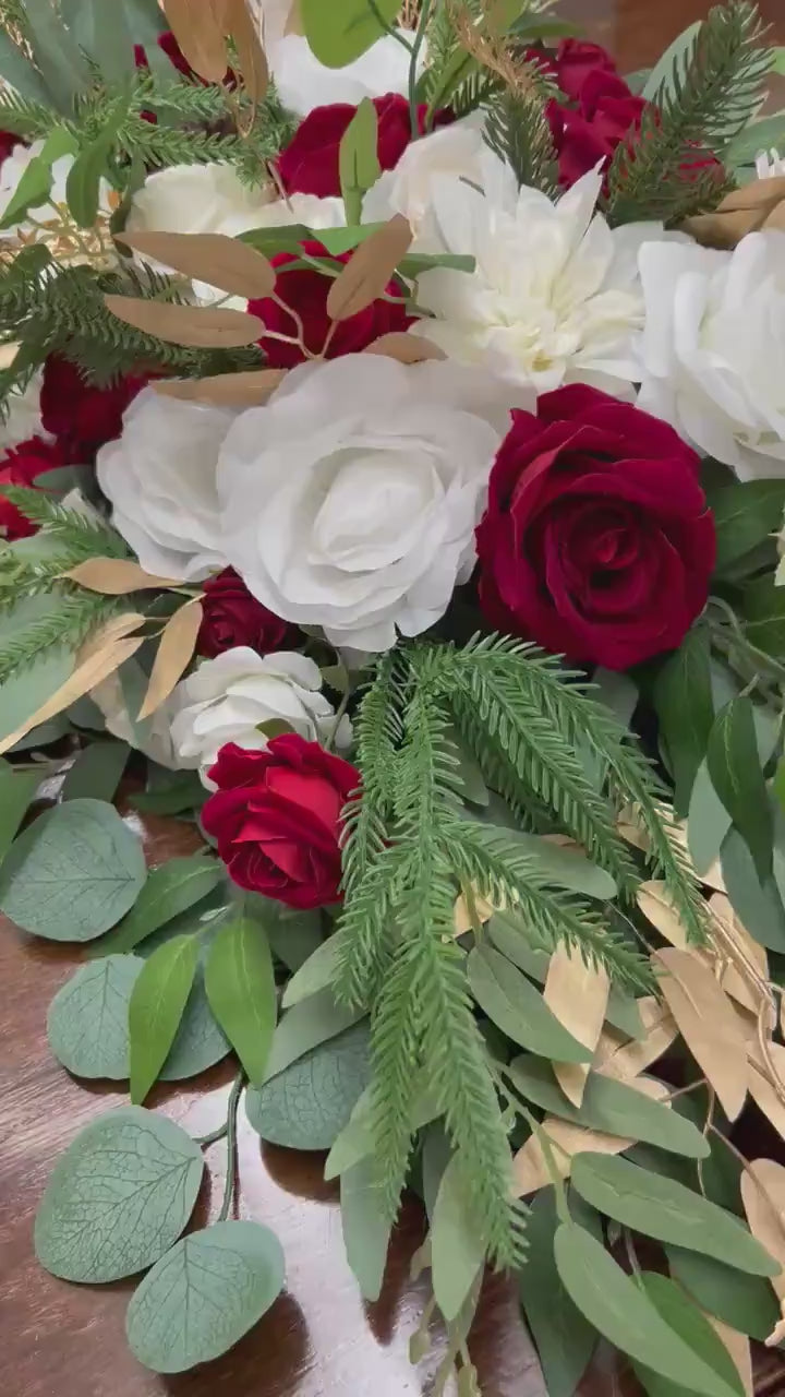Christmas Centerpiece Wedding White Red Table Decor Arrangement Pine Cone Sweetheart Winter Ivory Gold Pine Tree Dark Red Artificial