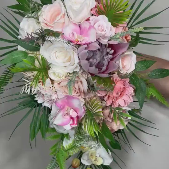 Wedding Cascade Bouquet Bridal White Cascading Bouquet Pink Peach Bridesmaids Bouquet Protea Coral Tropical Beach Orchid Artificial Flower
