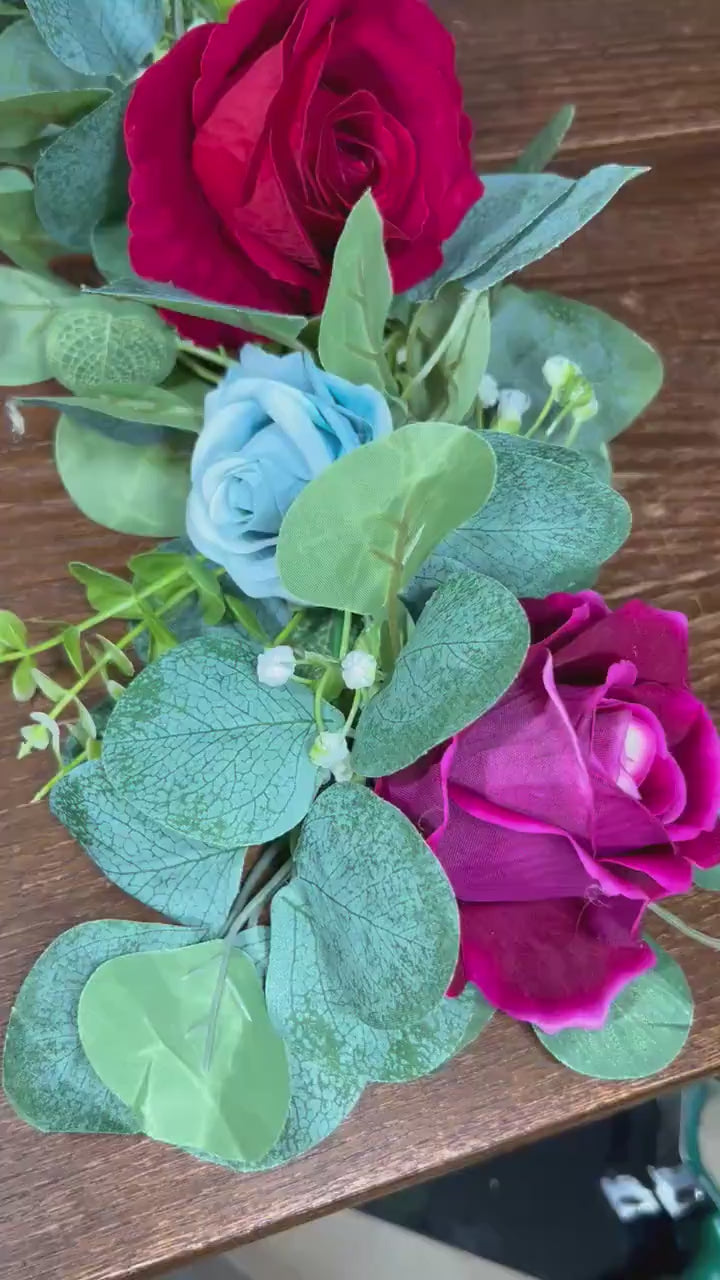 Garland Wedding Purple Table Runner Aisle Arrangement Arch Pink Silver Dollar Blue Eucalyptus Jewel Tone Garland Dusty Rose Greenery