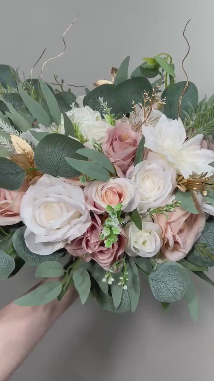 Wedding Bouquet Dusty Rose Bridal Blush Dahlia Wedding Bouquet Ivory Bridesmaids Decor Eucalyptus Pink Flower White Spring Artificial Flower