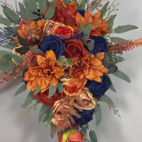 Navy Blue Rust Bouquet Bridal Wedding Cascade Bouquet Navy Blue Terracotta Cascading Bouquet Dark Blue Bridesmaids Burnt Orange Bouquet