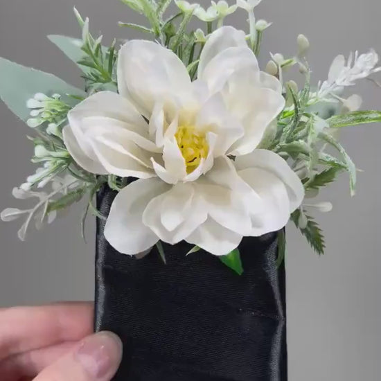 White Pocket Boutonniere Wedding Dahlia Groom Boutonnière Ivory Square Groomsmen Pocket Boutonniere Wedding Dahlia Rustic Artificial Flowers
