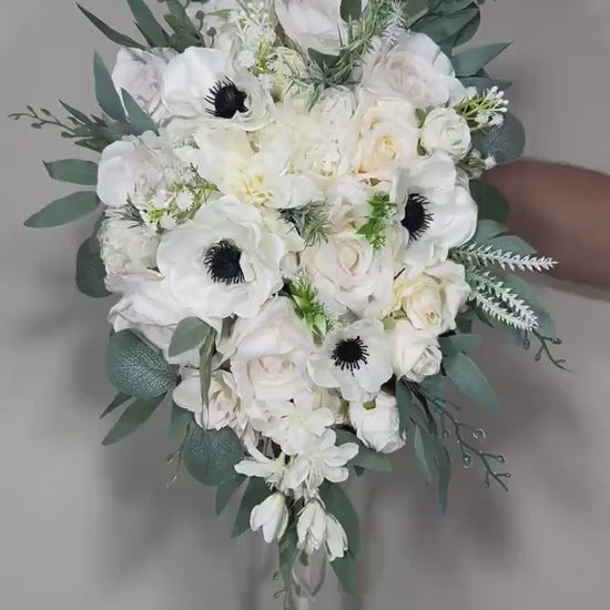 Wedding Cascade Bouquet White Anemone Bridal Cascading Bouquet Anemone Ivory Sage Anemone Bridesmaids Bouquet Eucalyptus Artificial Flower