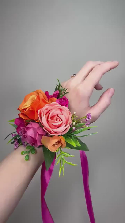 Hot Pink Orange Corsage Wedding Fuchsia Burnt Orange Tropical Beach Wrist Corsage Prom Bridesmaids Mother Coral Bright Wristlet Eucalyptus