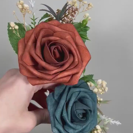 Dark Teal Boutonniere Wedding Groom Rust Orange Teal Boutonnière Burgundy Groomsmen Boutonnière Dark Teal Groom Artificial Flowers Foam