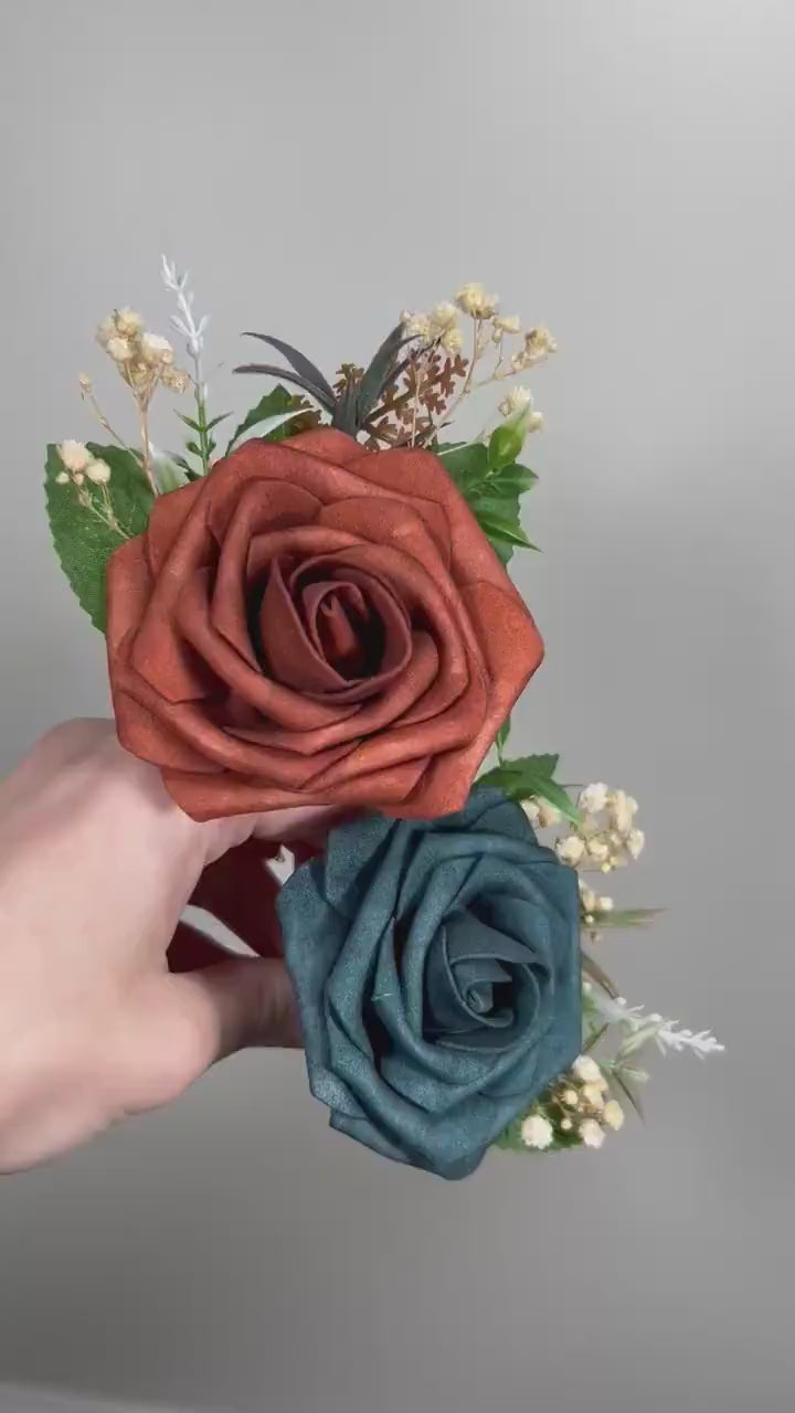 Dark Teal Boutonniere Wedding Groom Rust Orange Teal Boutonnière Burgundy Groomsmen Boutonnière Dark Teal Groom Artificial Flowers Foam