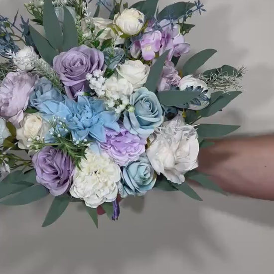 Wedding Bouquet Blue Bridal Rustic Light Purple Bouquet White Lavender Wild Flower Light Blue Eucalyptus Ivory Artificial Flower Lilac