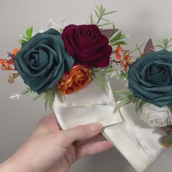 Dark Teal Pocket Boutonniere Wedding Groom Boutonnière Square Teal Burnt Orange Groomsmen Teal Burgundy Boutonniere Rust Dark Teal