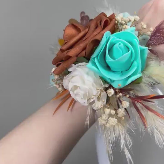 Turquoise Orange Corsage Wedding Burnt Orange Teal Corsage Boho Rust Turquoise Wrist Corsage Mom Terracotta Turquoise Corsage Teal Blue Aqua