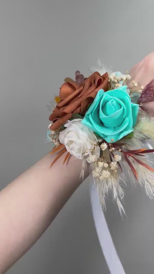 Turquoise Orange Corsage Wedding Burnt Orange Teal Corsage Boho Rust Turquoise Wrist Corsage Mom Terracotta Turquoise Corsage Teal Blue Aqua