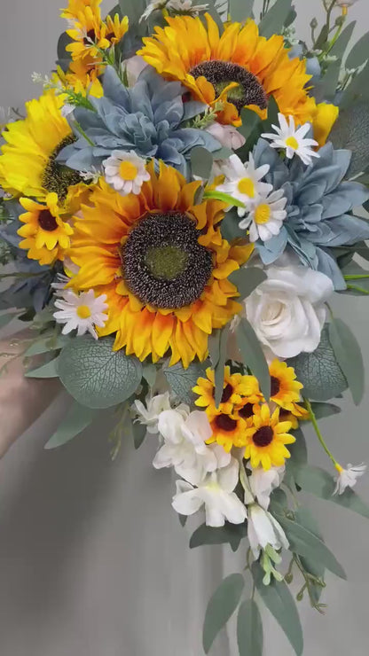 Sunflower Dusty Blue Bouquet Wedding Cascading Sunflower Bridal Bouquet Dusty Blue Cascade Bridesmaids Bouquet Yellow Sunflowers Blue