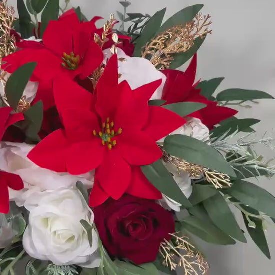 Poinsettia Bouquet Christmas Wedding Bridal Winter White Red Poinsettia Bouquet Gold Rustic Holiday Christmas Flowers Artificial Flowers