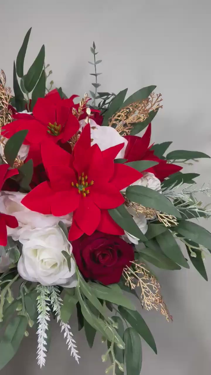 Poinsettia Bouquet Christmas Wedding Bridal Winter White Red Poinsettia Bouquet Gold Rustic Holiday Christmas Flowers Artificial Flowers