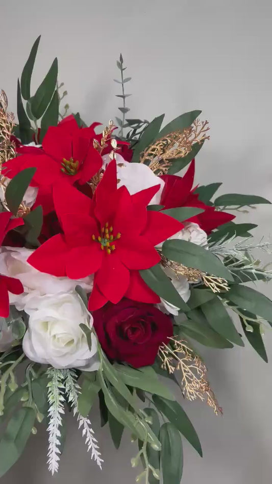Poinsettia Bouquet Christmas Wedding Bridal Winter White Red Poinsettia Bouquet Gold Rustic Holiday Christmas Flowers Artificial Flowers