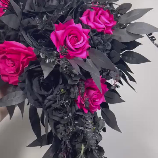 Hot Pink Black Cascading Bouquet, Gothic Bridal Wedding Flowers, Fuchsia Black Roses Cascade Bouquet, Bridesmaids Pink Black Moody Bouquet