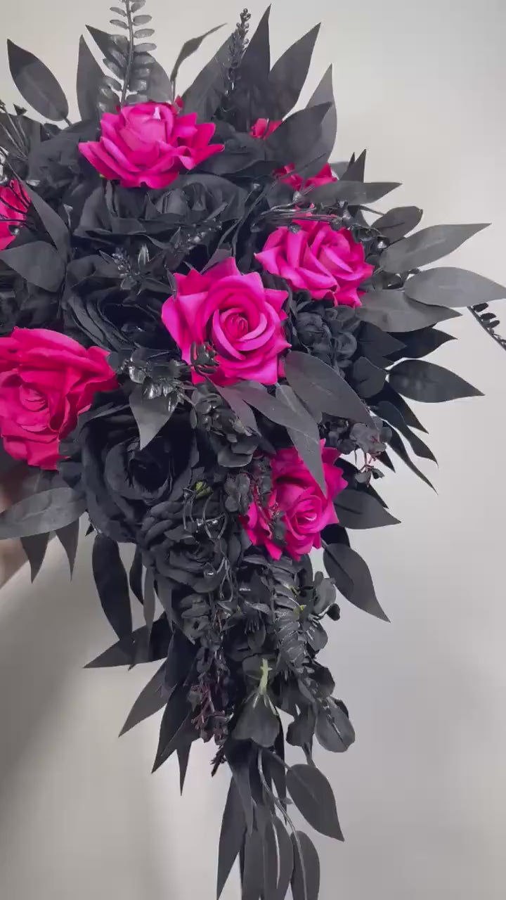 Hot Pink Black Cascading Bouquet, Gothic Bridal Wedding Flowers, Fuchsia Black Roses Cascade Bouquet, Bridesmaids Pink Black Moody Bouquet