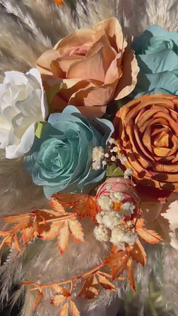 Orange Teal Arch Arrangement Wedding Decor Teal Terracotta Centerpiece Burnt Orange Arbor Arrangement Turquoise Pampas Grass