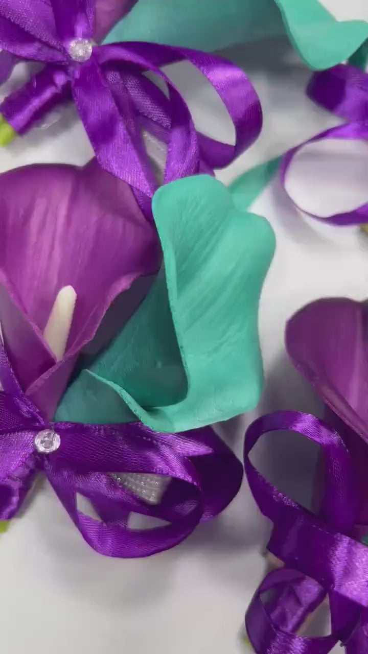 Teal Purple Bouquet Bridal Wedding Turquoise Royal Purple Bouquet Bridesmaids Teal Blue Aqua Bouquet Pampas Grass Eggplant Artificial Flower