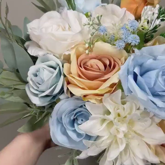 Orange Bouquet Blue Bridal Wedding Orange Rustic White Bridesmaids Bouquet Eucalyptus Greenery Ivory Orange Blue Artificial Flower
