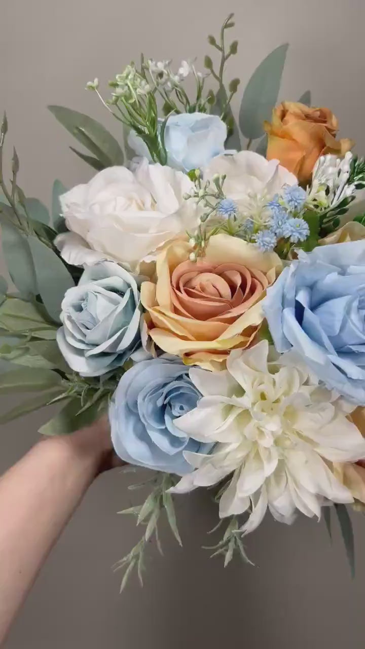 Orange Bouquet Blue Bridal Wedding Orange Rustic White Bridesmaids Bouquet Eucalyptus Greenery Ivory Orange Blue Artificial Flower