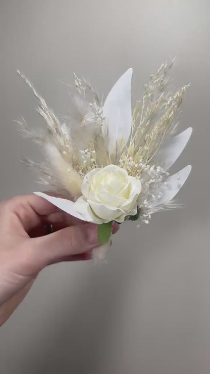 Wedding Boutonniere White Groom Boho Ivory Boutonnières Groomsmen White Dried Flowers Baby Breath Boutonnière Pampas Grass White Boutonniere