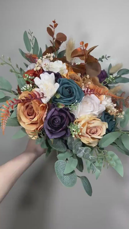 Wedding Dark Teal Bouquet Rust Orange Bridal Purple Bridesmaids Bouquet Terracotta Dark Purple Artificial Flowers Dark Teal White