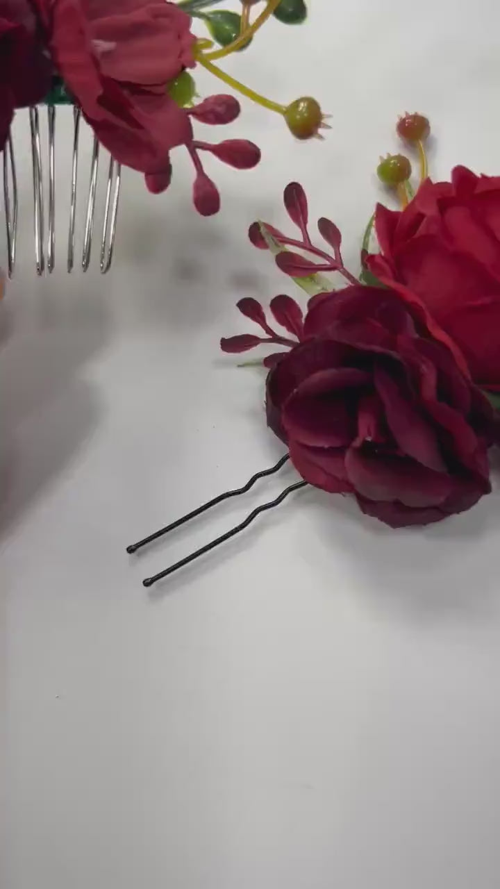 Red Hair Comb Wedding Burgundy Flower Girl Headpiece Red Floral Hair Pin Burgundy Accessories Hair Pin Comb Dark Red