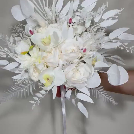 Wedding Bouquet White Bridal Orchid Wedding Ivory Bouquet Bridesmaids Orchid Decor Tropical Eucalyptus Fern White Rose Artificial Flower