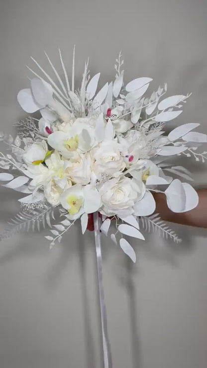 Wedding Bouquet White Bridal Orchid Wedding Ivory Bouquet Bridesmaids Orchid Decor Tropical Eucalyptus Fern White Rose Artificial Flower