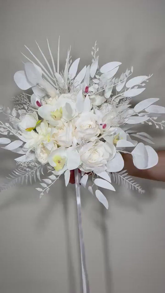 Wedding Bouquet White Bridal Orchid Wedding Ivory Bouquet Bridesmaids Orchid Decor Tropical Eucalyptus Fern White Rose Artificial Flower