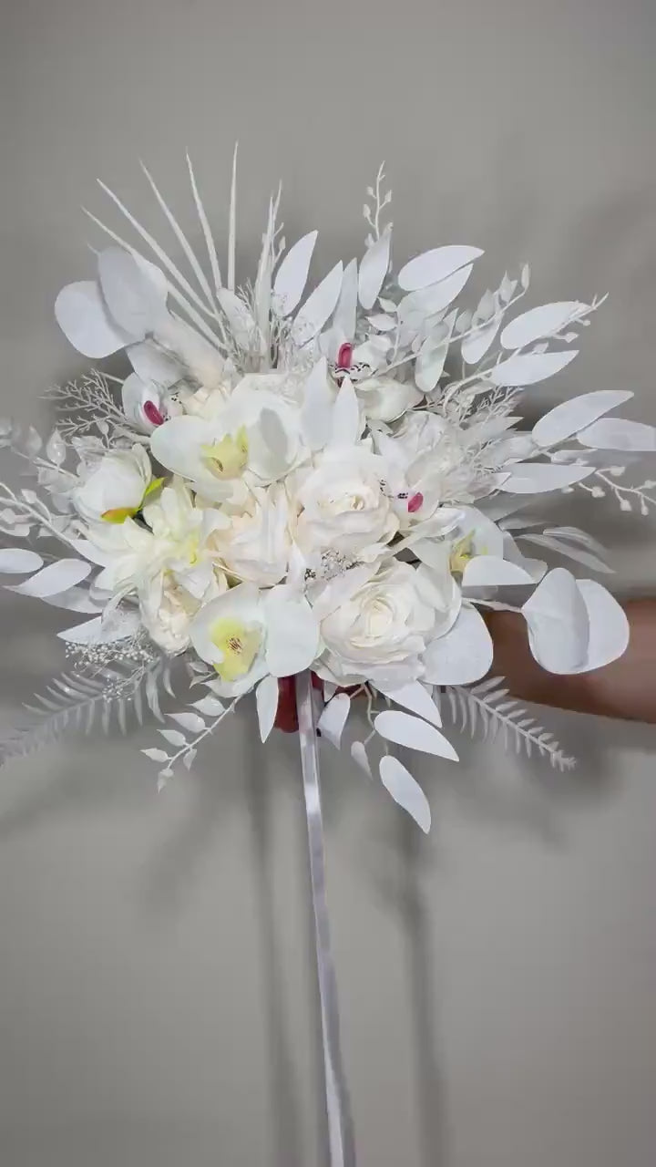 Wedding Bouquet White Bridal Orchid Wedding Ivory Bouquet Bridesmaids Orchid Decor Tropical Eucalyptus Fern White Rose Artificial Flower