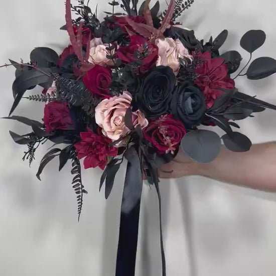 Black Bouquet Wedding Burgundy Bridal Bouquet Gothic Dusty Rose Halloween Bouquet Black Bridesmaids Bouquet Black Burgundy Artificial Flower