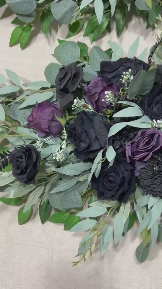 Black Arch Arrangement Wedding Purple Arch Aisle Arrangement Black Halloween Decor Gothic Black Artificial Flowers Eucalyptus Sage