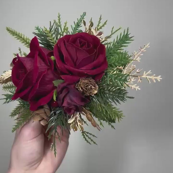 Christmas Cake Decoration Wedding Burgundy Cake Artificial Flowers Wine Red Gold Pine Cones Evergreen Cake Arrangement Decor Silk Flowers