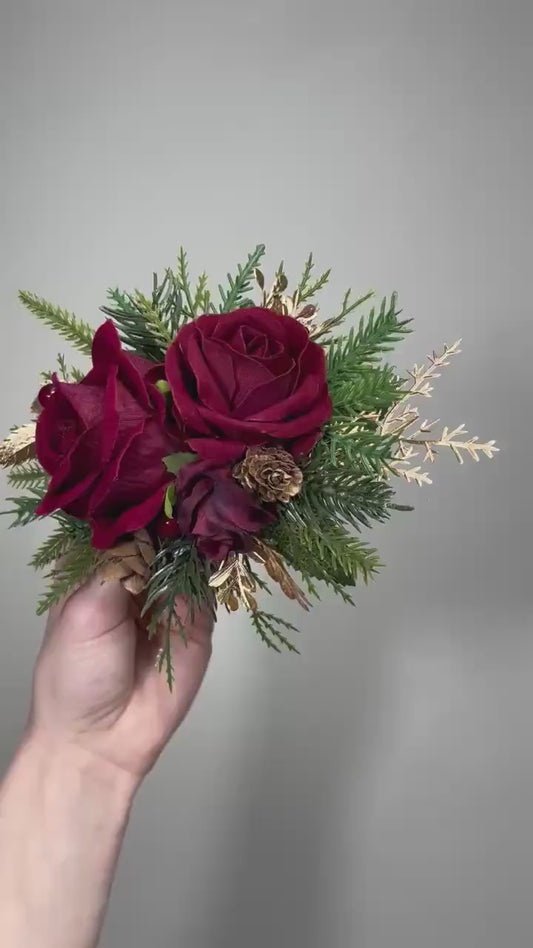 Christmas Cake Decoration Wedding Burgundy Cake Artificial Flowers Wine Red Gold Pine Cones Evergreen Cake Arrangement Decor Silk Flowers