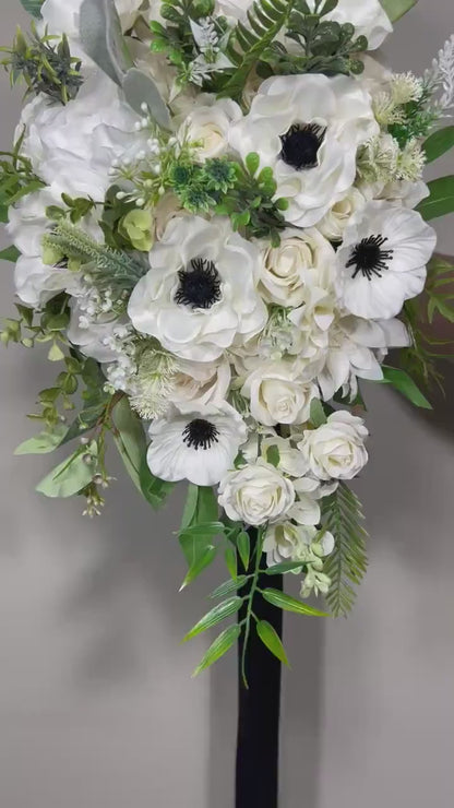 Wedding Bouquet Cascade Anemone White Cascading Bridal Wedding Anemone Bouquet Ivory Bridemaids Bouquet Eucalyptus Artificial Flower