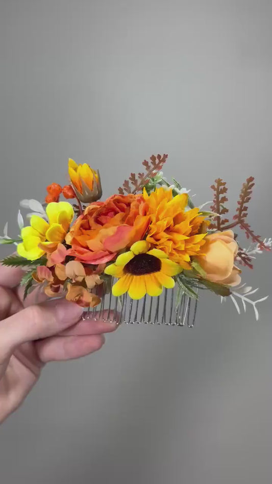 Sunflower Comb Floral Wedding Head Piece Hair Comb Sunflower Bridal Burnt Orange Hair Accessories Orange Hair Comb Artificial Flower