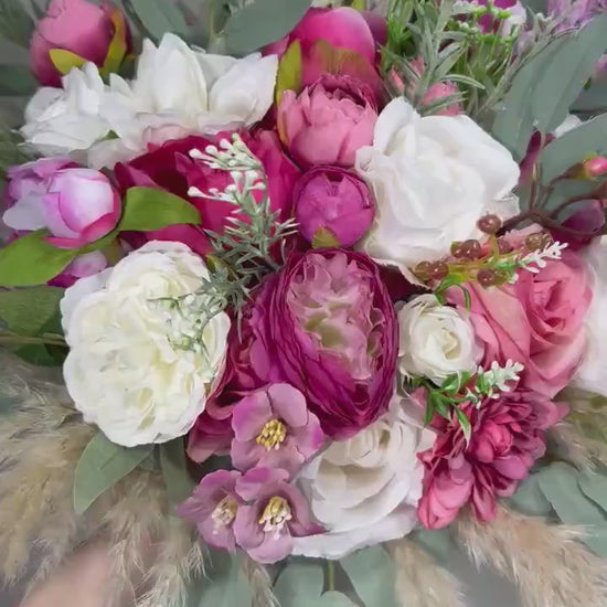 Pink Bouquet Wedding Bridal Fuchsia Bouquet White Viva Magenta Boho Bouquet Hot Pink Ivory Pampas Grass Bouquet Bridesmaids WildFlowers