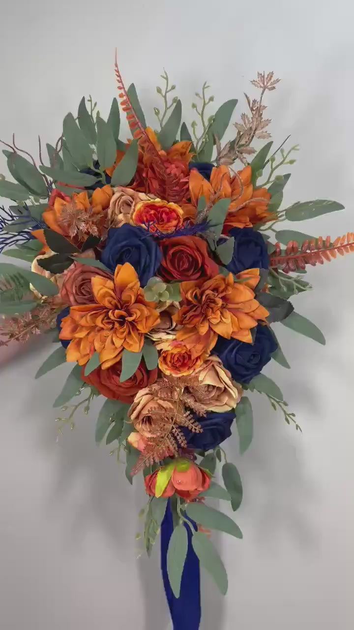 Navy Blue Rust Bouquet Bridal Wedding Cascade Bouquet Navy Blue Terracotta Cascading Bouquet Dark Blue Bridesmaids Burnt Orange Bouquet
