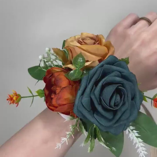 Dark Teal Corsage Wedding Teal Corsage Mom Corsage Deep Teal Rust Terracotta Corsage Burnt Orange Artificial Flowers