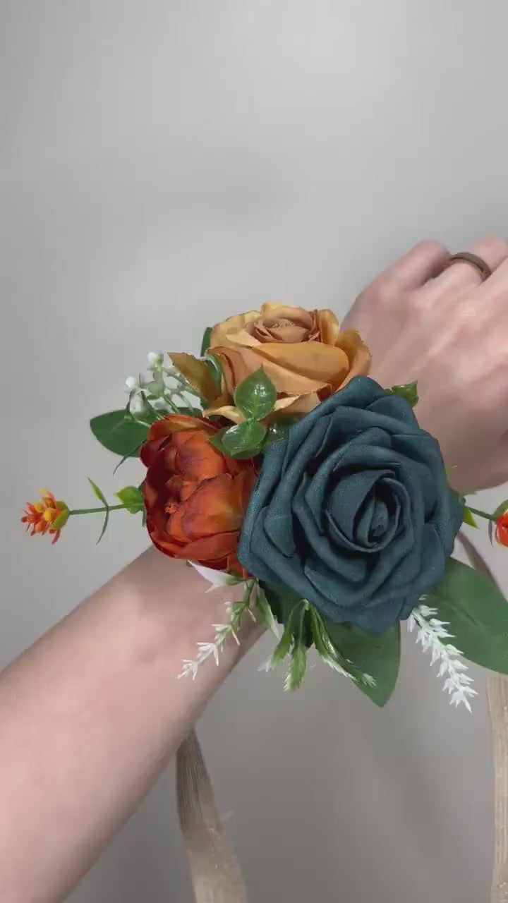 Dark Teal Corsage Wedding Teal Corsage Mom Corsage Deep Teal Rust Terracotta Corsage Burnt Orange Artificial Flowers